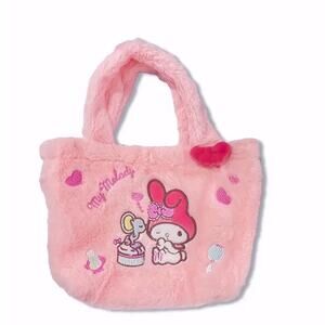 NEW Sanrio Hello Kitty Friend MY MELODY Pink Fur Plush PURSE Cosmetic Tote Bag!